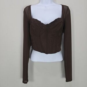 Windsor Corset Top M Lace Trim Sheer Mesh Long Sleeve Sweetheart Crop Coquette